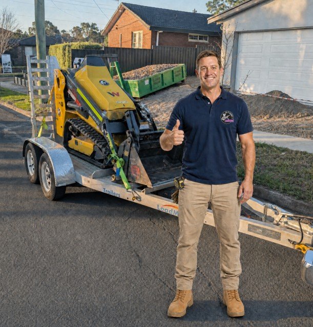 Mini excavator spreading bark beside a timber fence in a Melbourne backyard